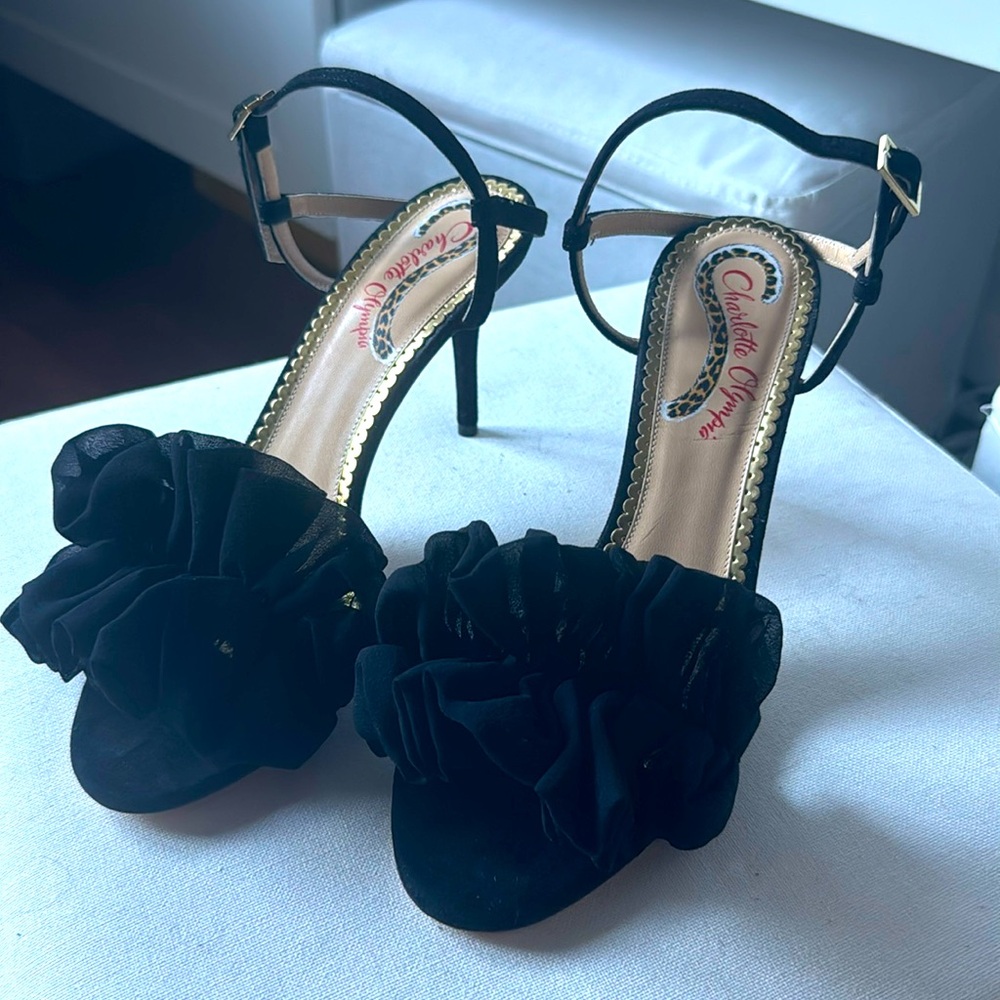 Charlotte Olympia black suede and organza heels